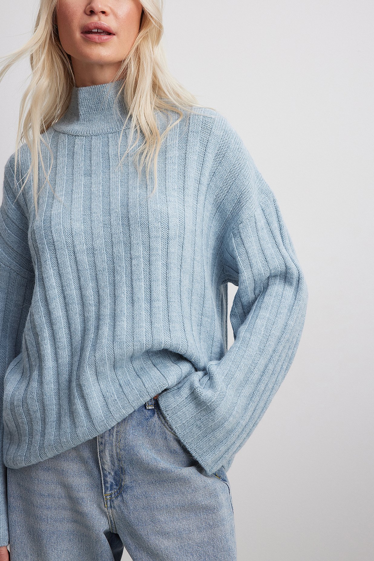 Turtle Neck Knitted Wide Rib Sweater Blue | NA-KD