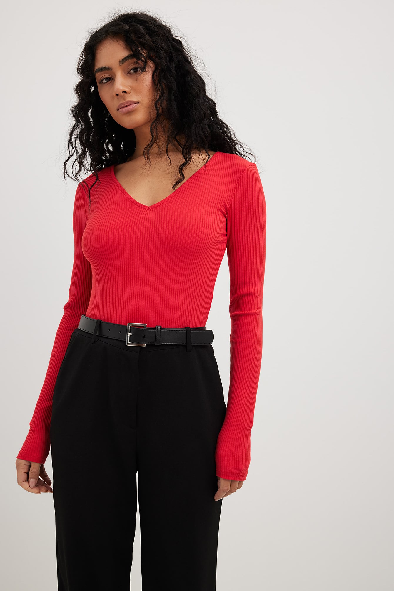 V-Neck Ribbed Long Sleeve Top Red | NA-KD