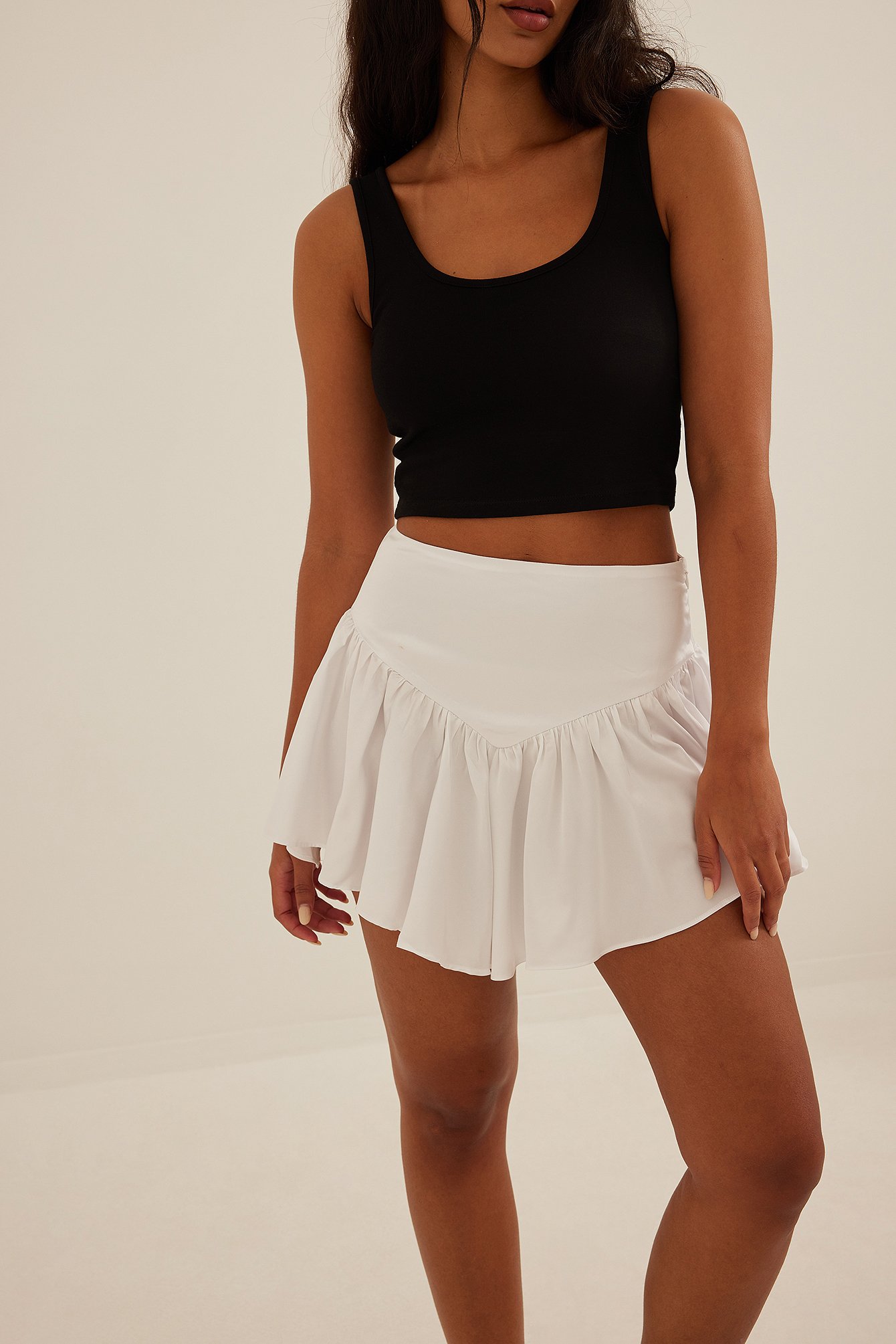 White V-shaped Flowy Mini Satin Skirt