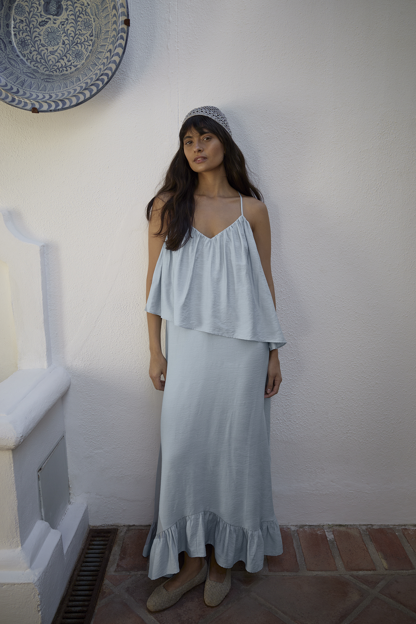 Midi-jurk met V-hals en volumineuze bandjes - Lentejurken - Blauw - EU 32 - NA-KD / NAKD
