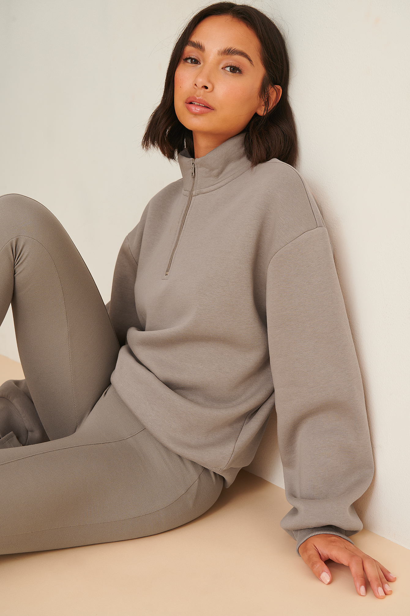Grey Brown Oversize-Pullover Mit Reißverschluss Vorne