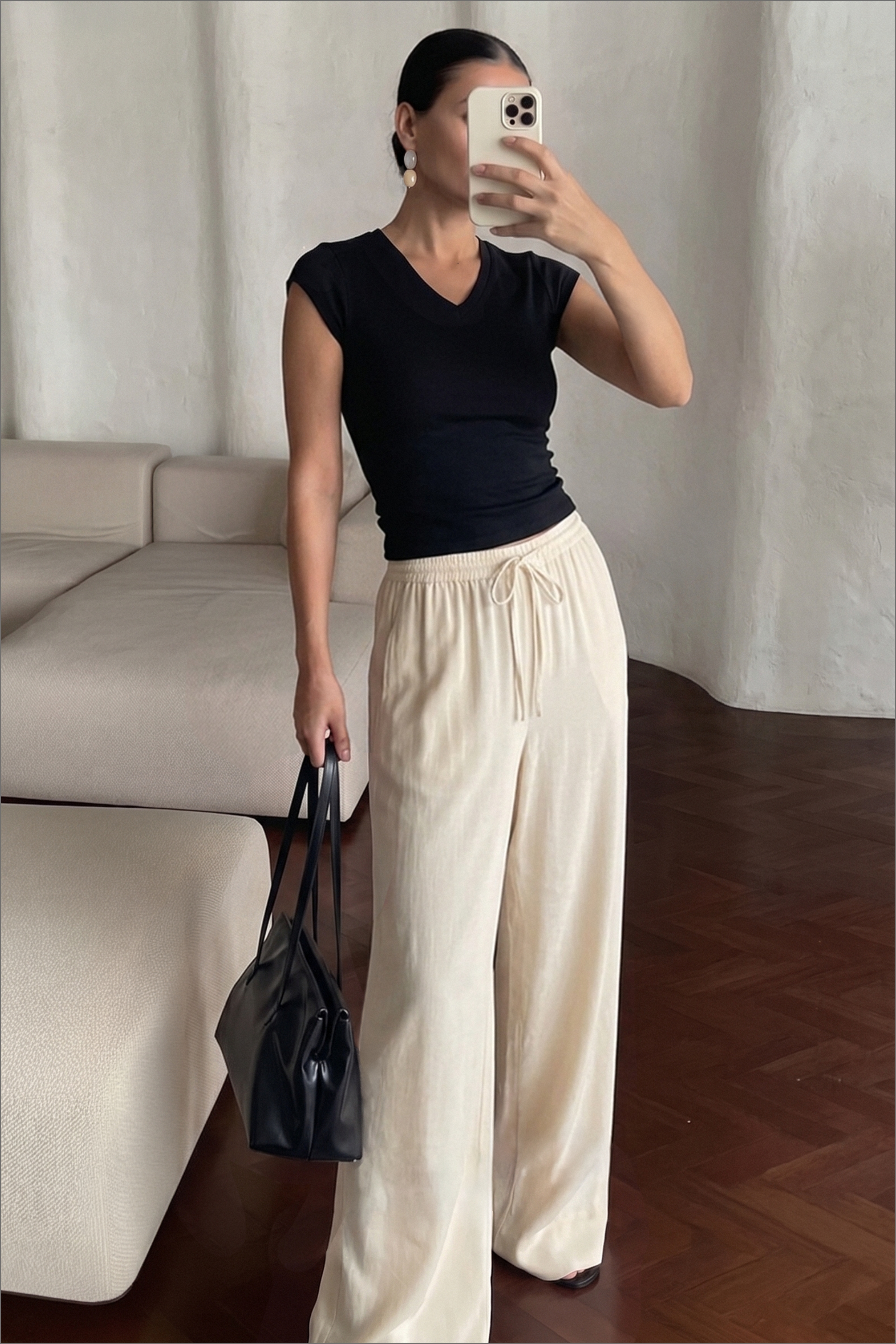 Viscose blend wide mid waist pants cream — byxor med fickor från NA-KD