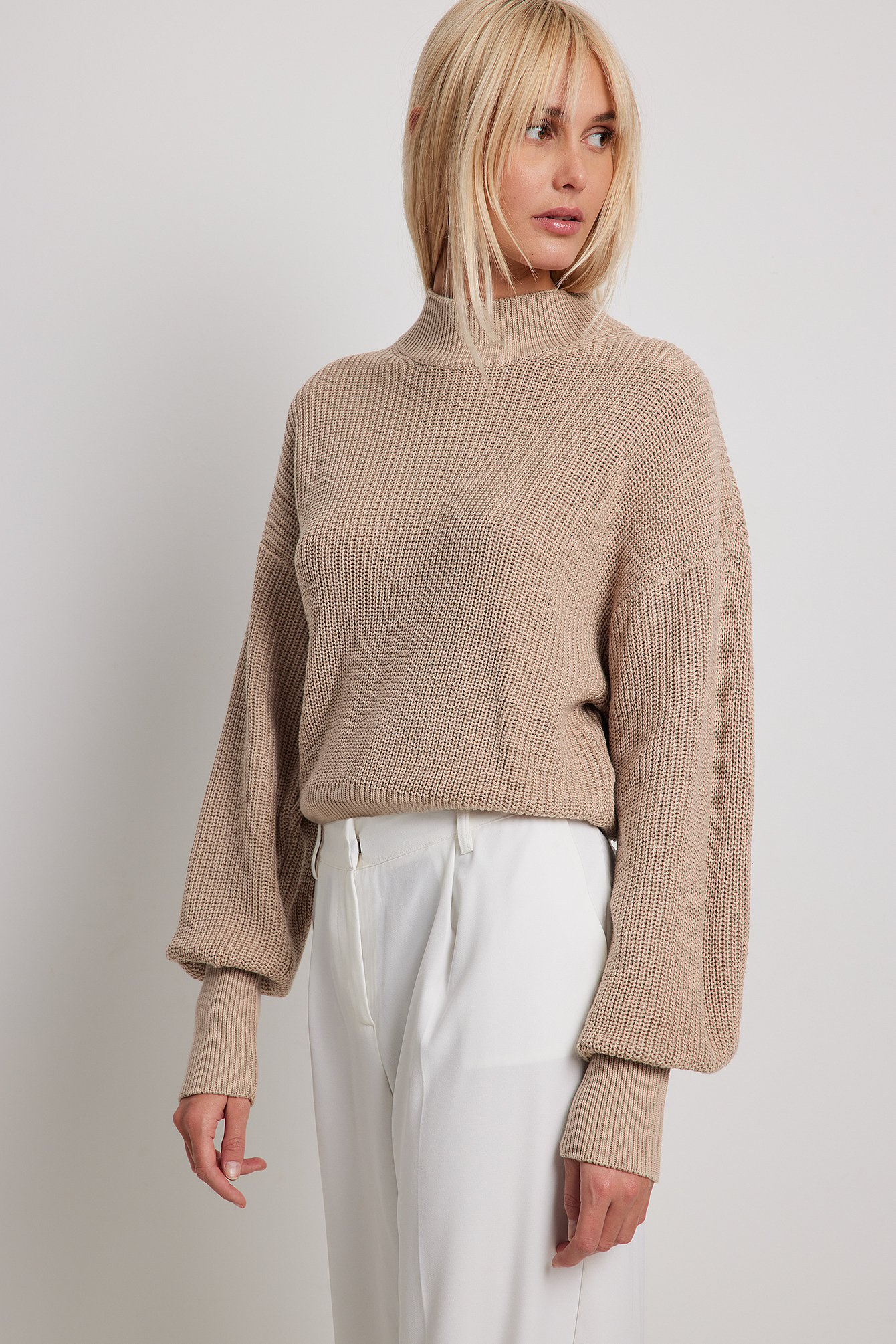 Beige Volume Sleeve High Neck Knitted Sweater