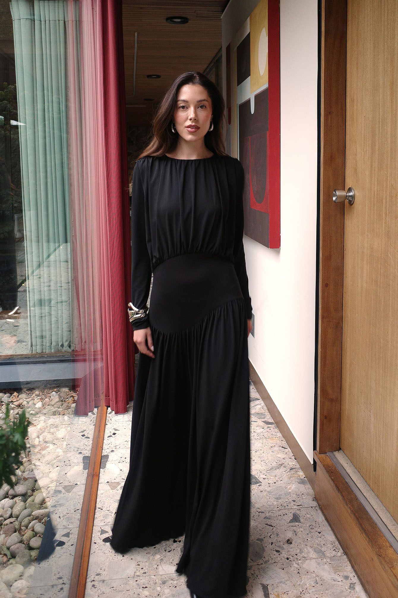 Jourdan Sloane x NA-KD Waist Detail Jersey Maxi Dress - Christmas Dresses - Black - L (EU 42-44) - NA-KD / NAKD