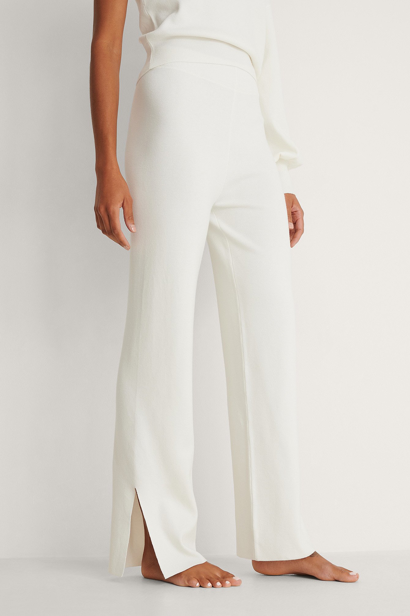 White Wide Knitted Slit Trousers