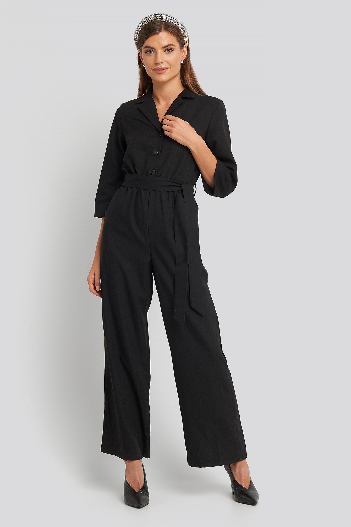 Wide Leg Buttoned Jumpsuit Black