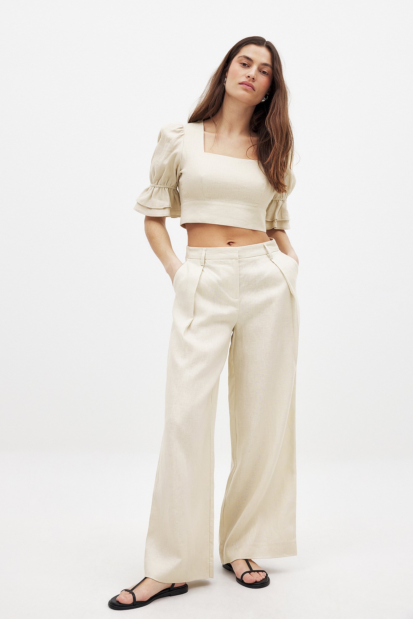 NA-KD Byxor i lin med vida ben - Linnebyxor - Beige - EU 38 - NA-KD / NAKD