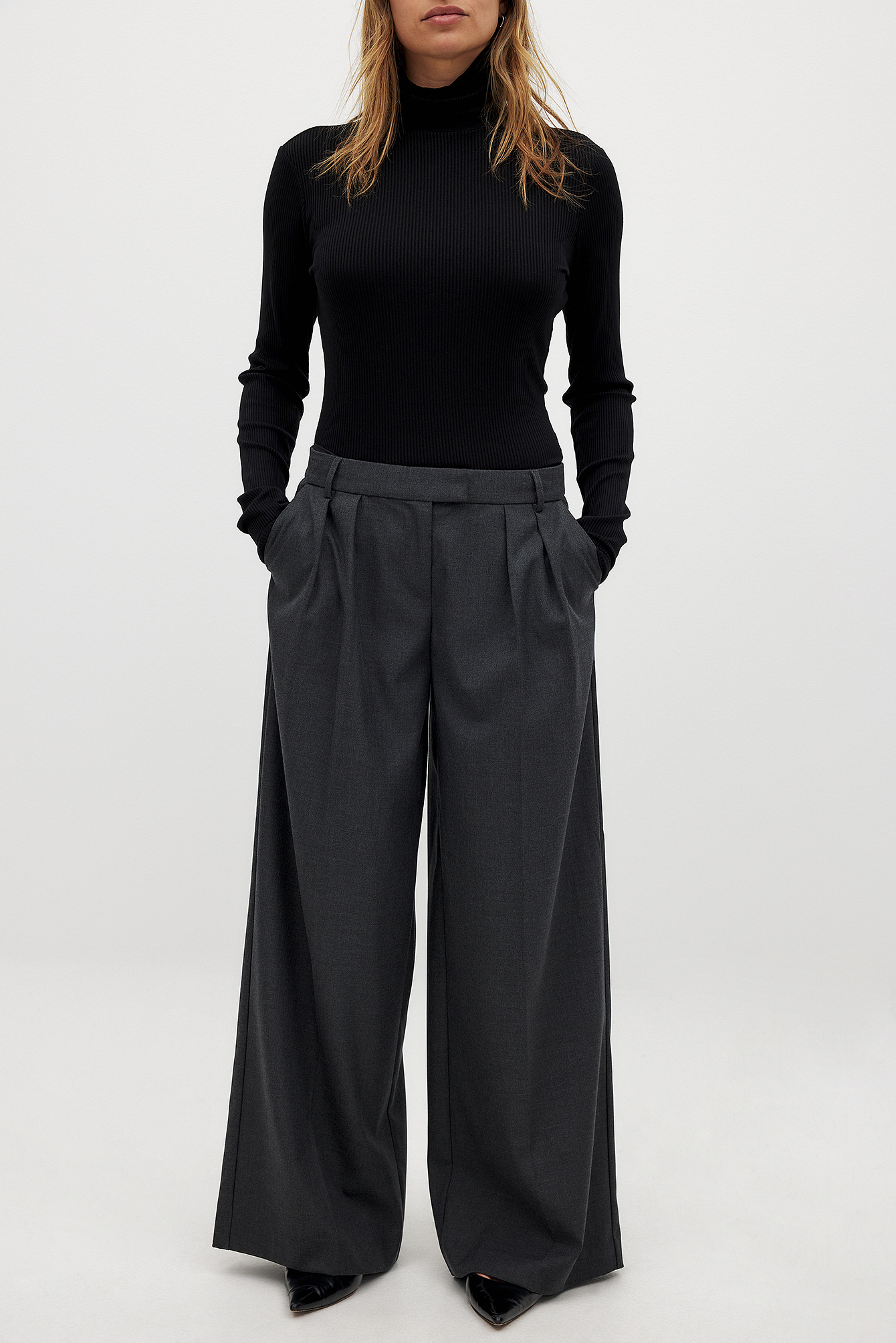 NA-KD Wide Leg Mid Waist Suit Pants - Work Trousers - Grey - EU 32 - NA-KD / NAKD