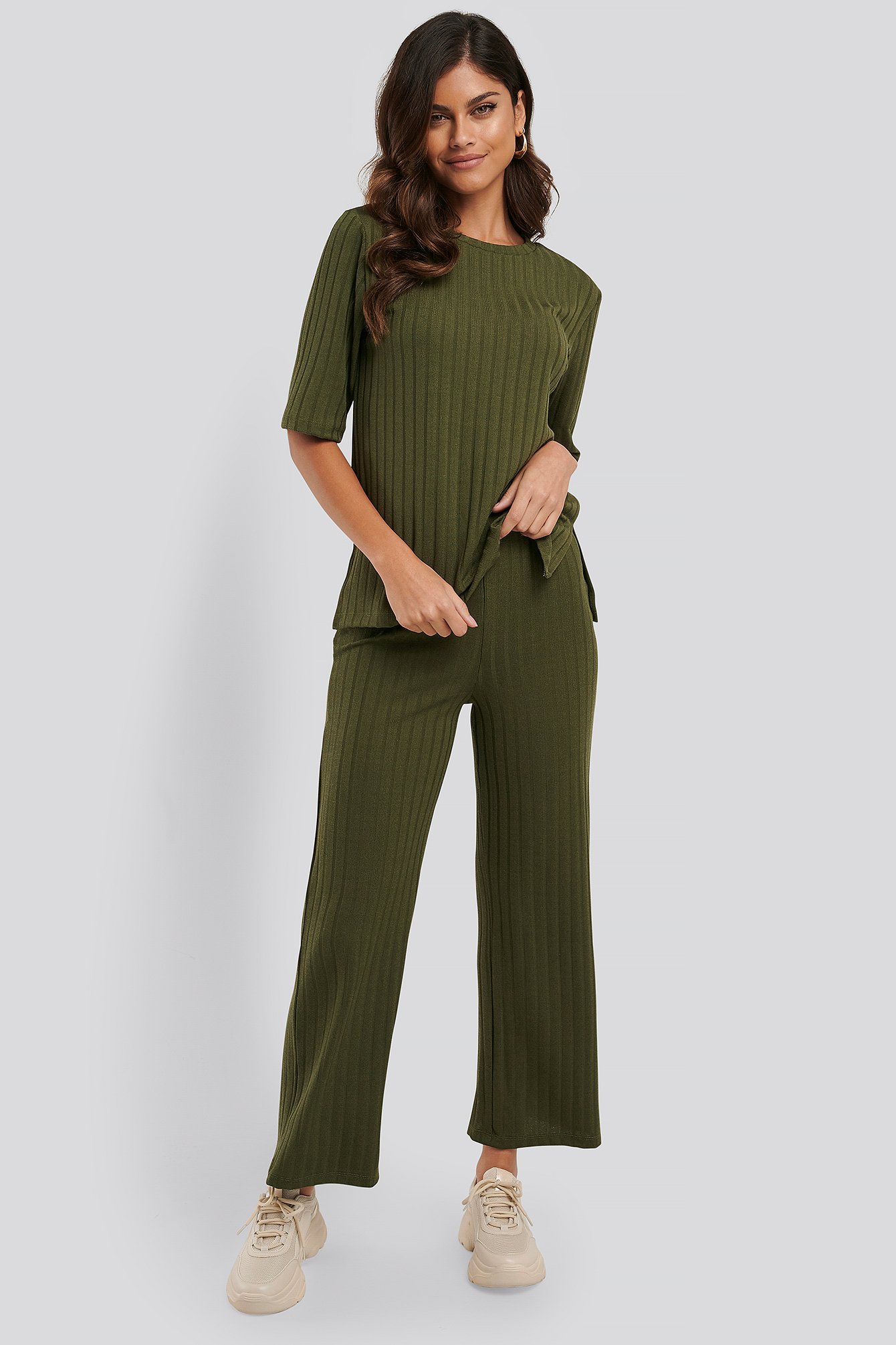 Army Green Wide Rib Loose Fit Pants