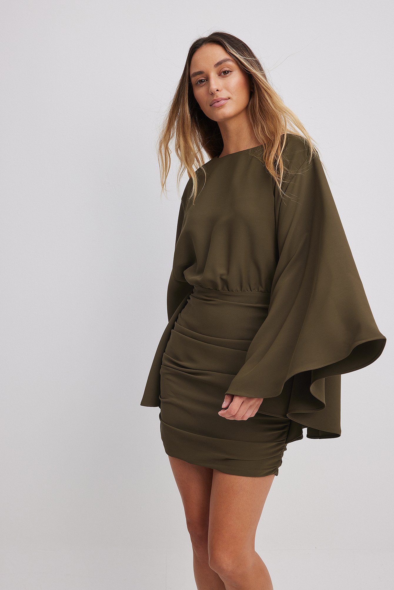 NA-KD Wide Sleeve Draped Mini Dress - Little Black Dress - Green - EU 36 - NA-KD / NAKD