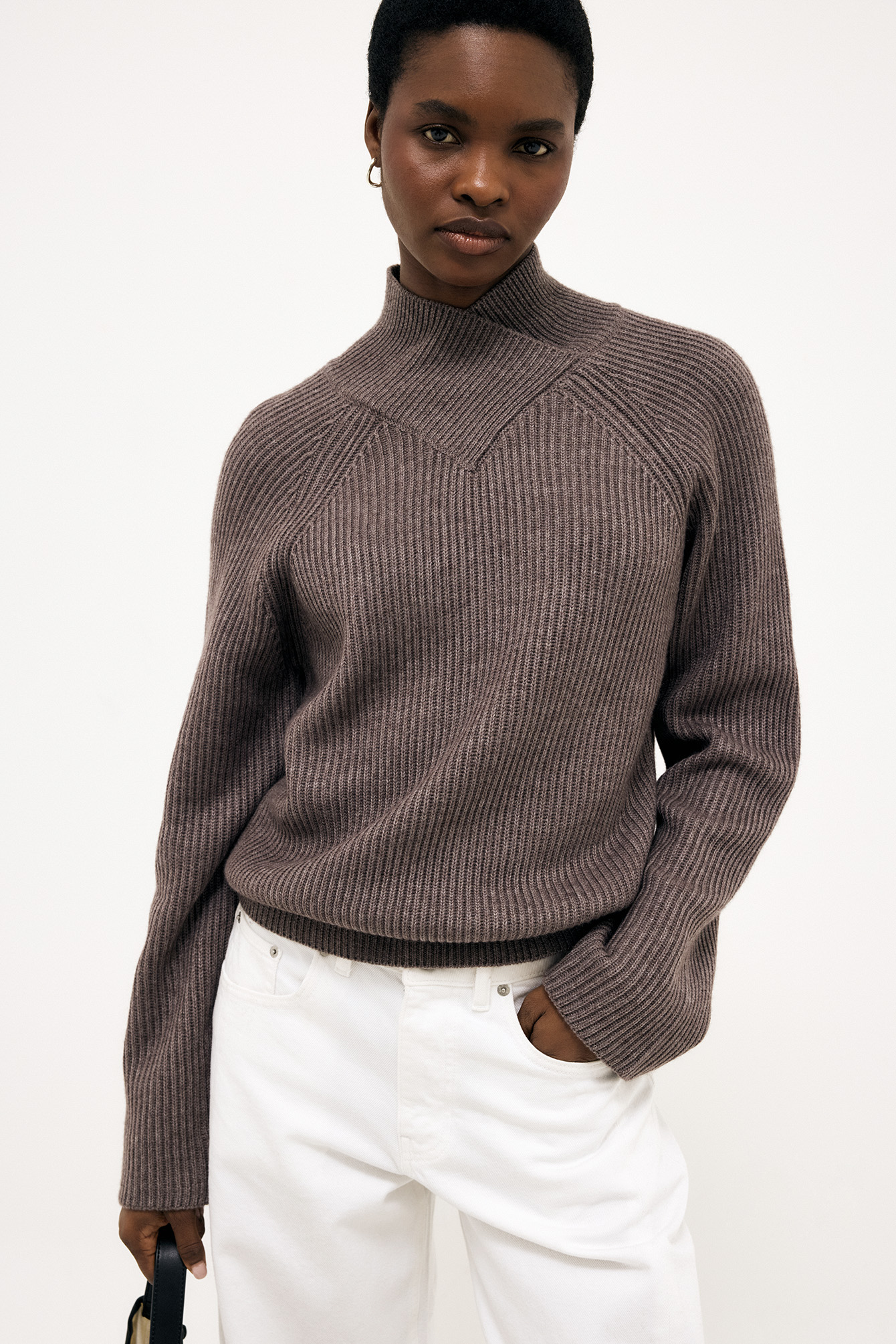Wide V-neck Wool Blend Knit Sweater - Sweaters - Brown - XS - NA-KD / NAKD