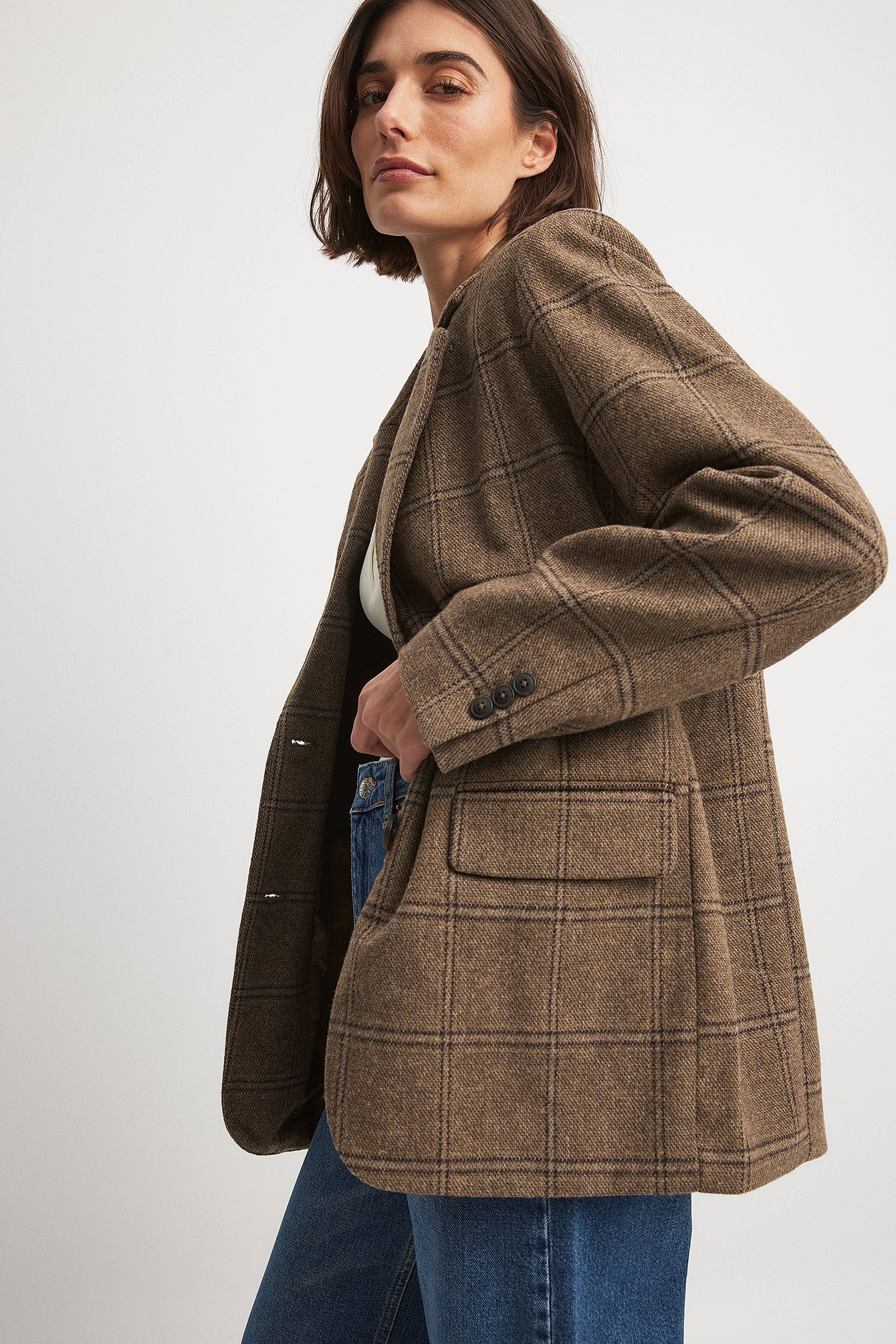 Wool Blend Oversized Check Blazer Brown NA-KD - Main Image