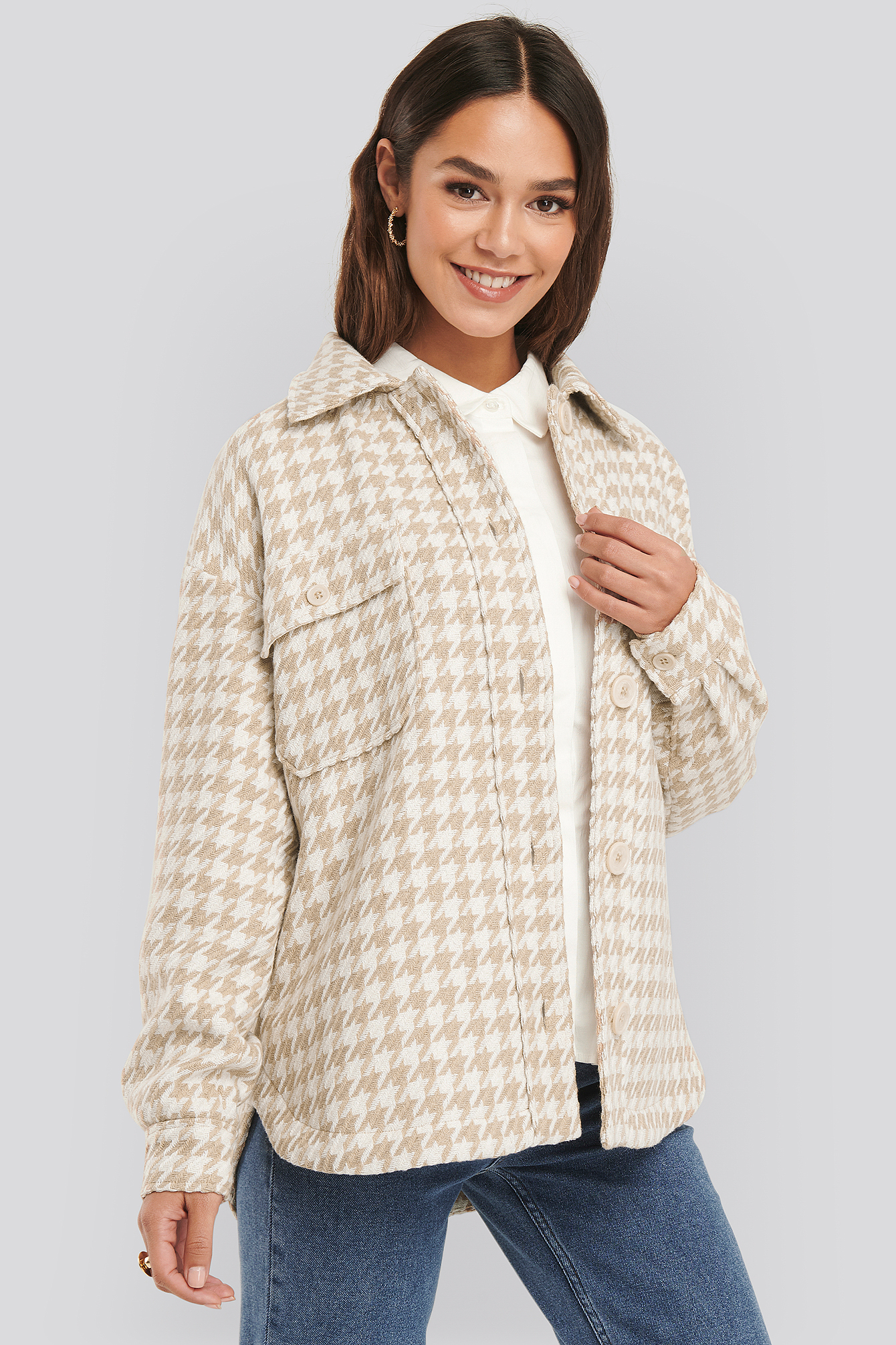 Wool Blend Dogtooth Jacket Beige/White