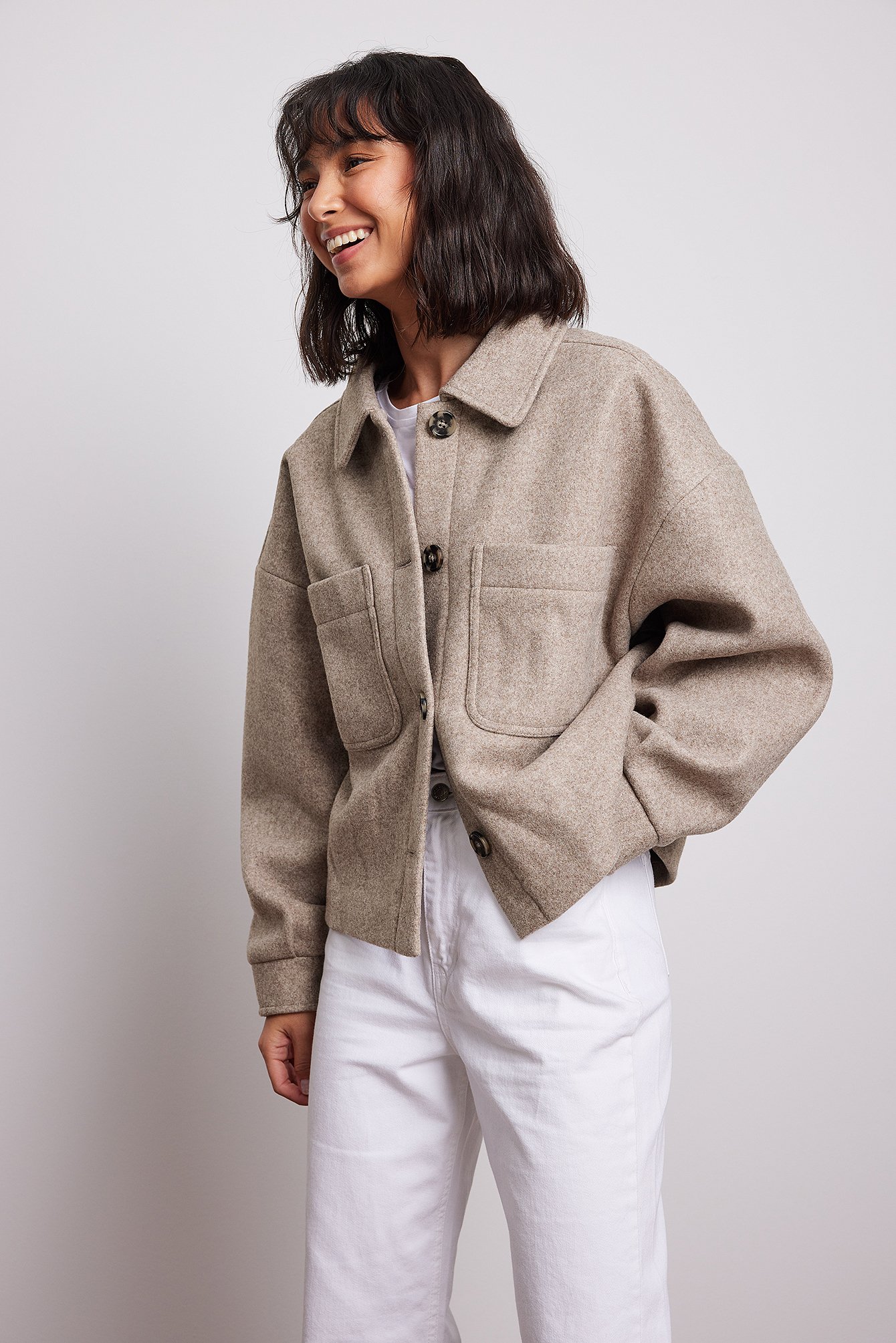 Wool Blend Oversized Short Jacket Beige | NA-KD