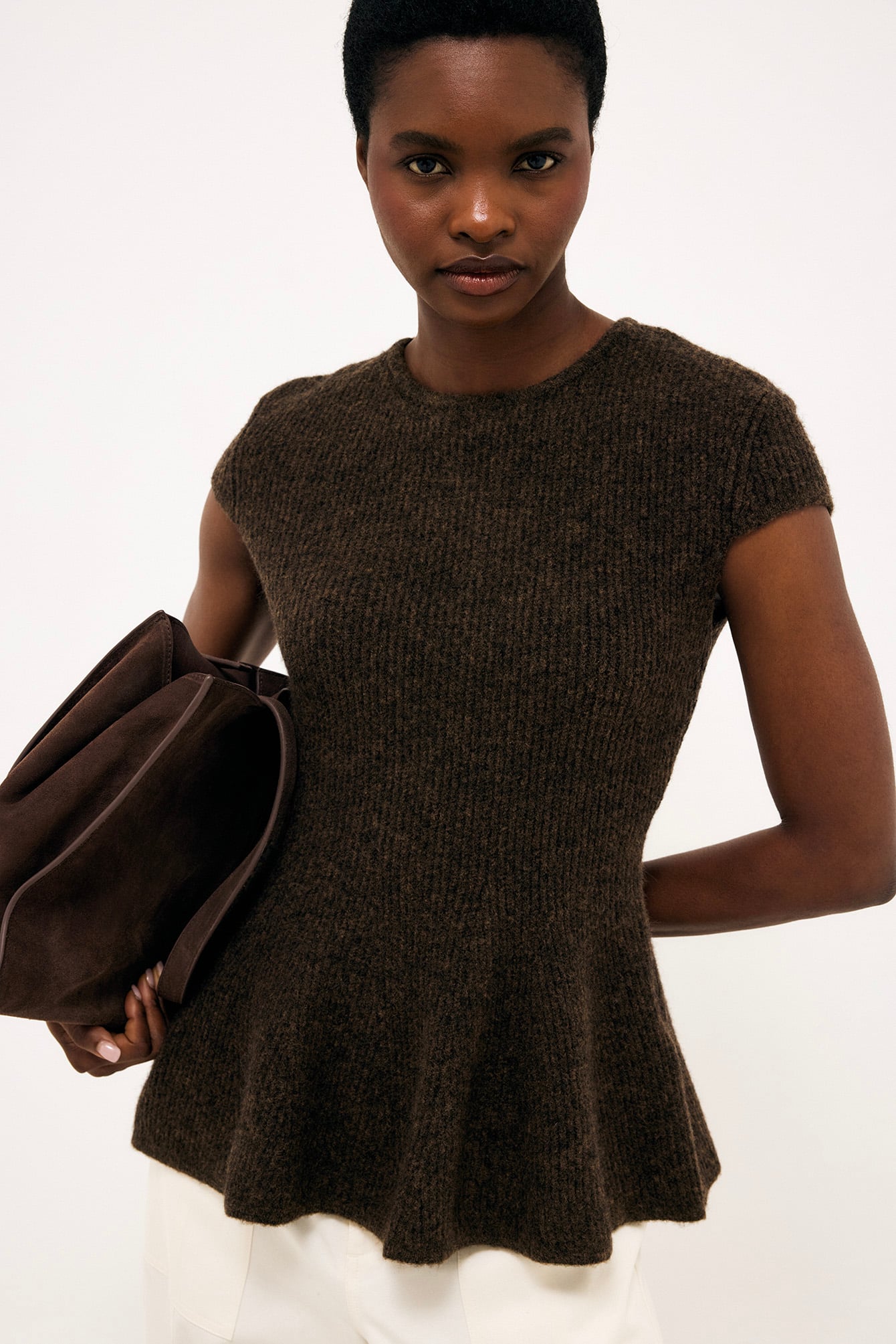 Wool Blend Rib Knitted Peplum Top Brown | NA-KD