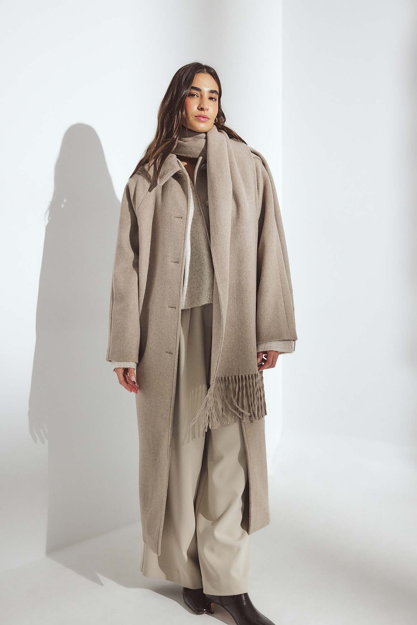 Premium Selection Wool Blend Scarf Detail Long Coat - Winter Jackets - Beige - EU 32 - NA-KD / NAKD