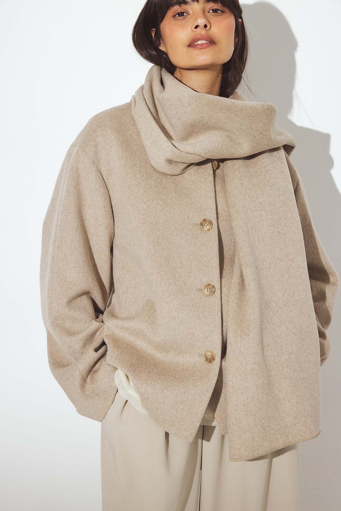 Wool Blend Scarf Detail Short Coat Beige | NA-KD