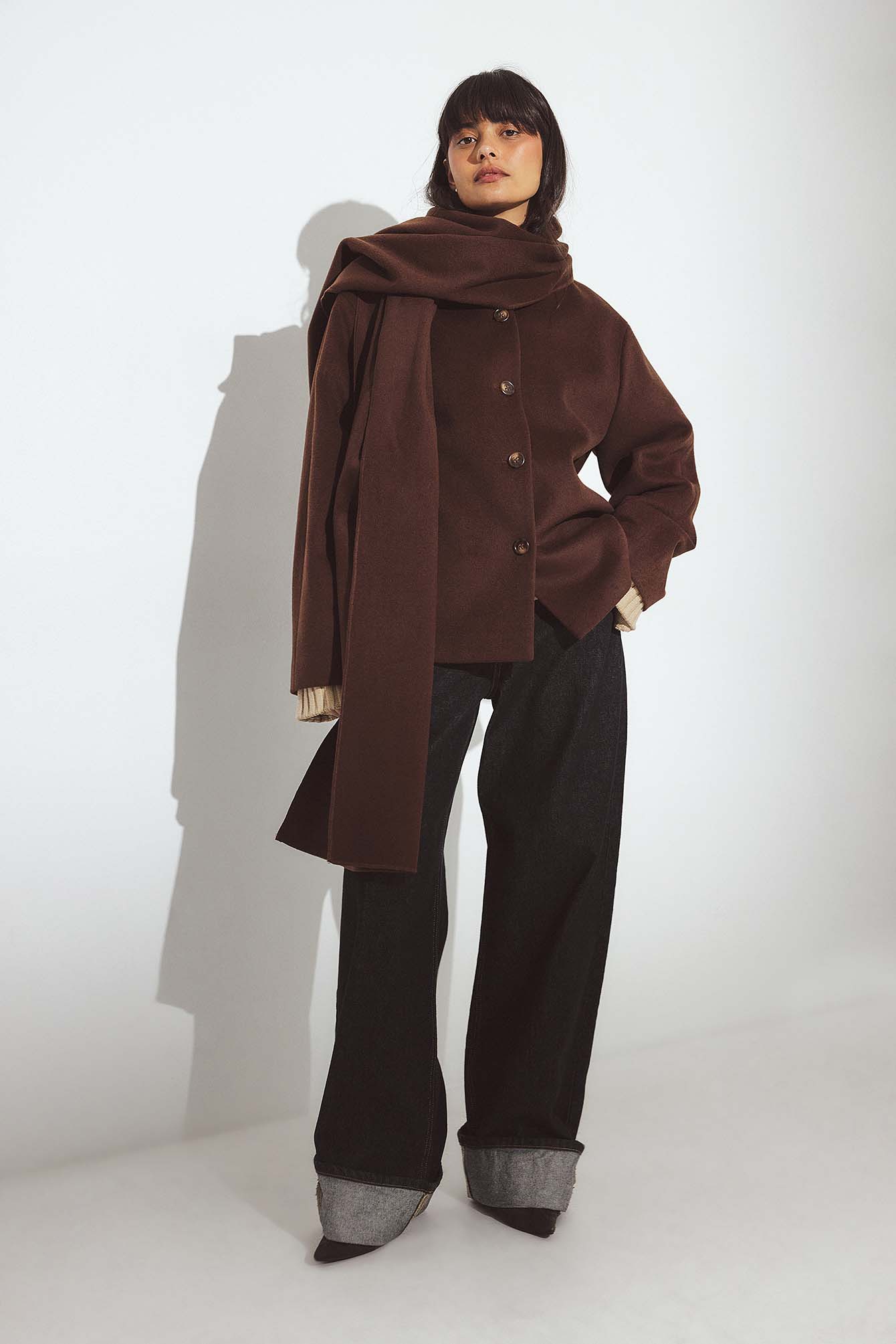 Wool Blend Scarf Detail Short Coat Brown | NA-KD