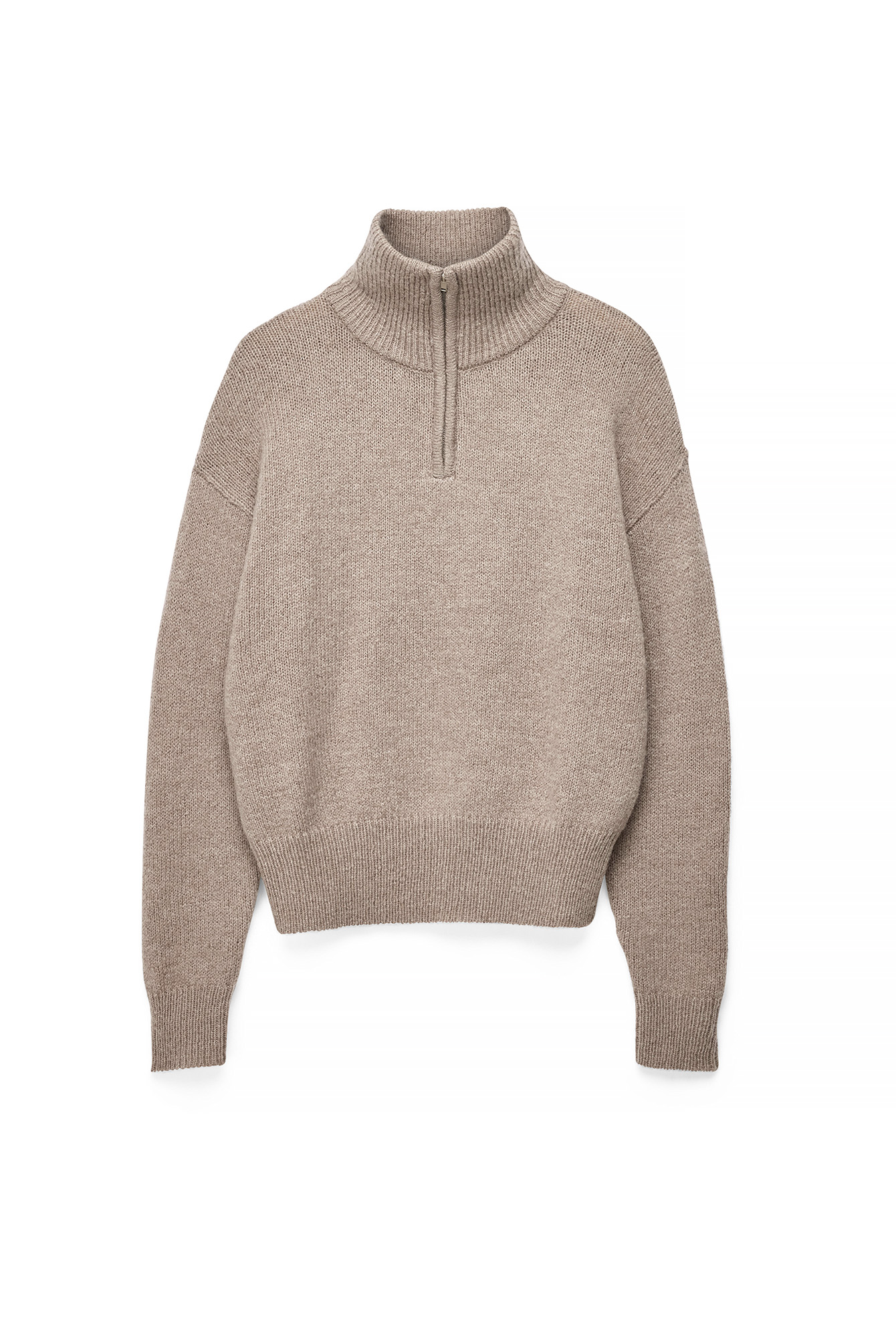 Beige Melange Wool Blend Zipper Sweater