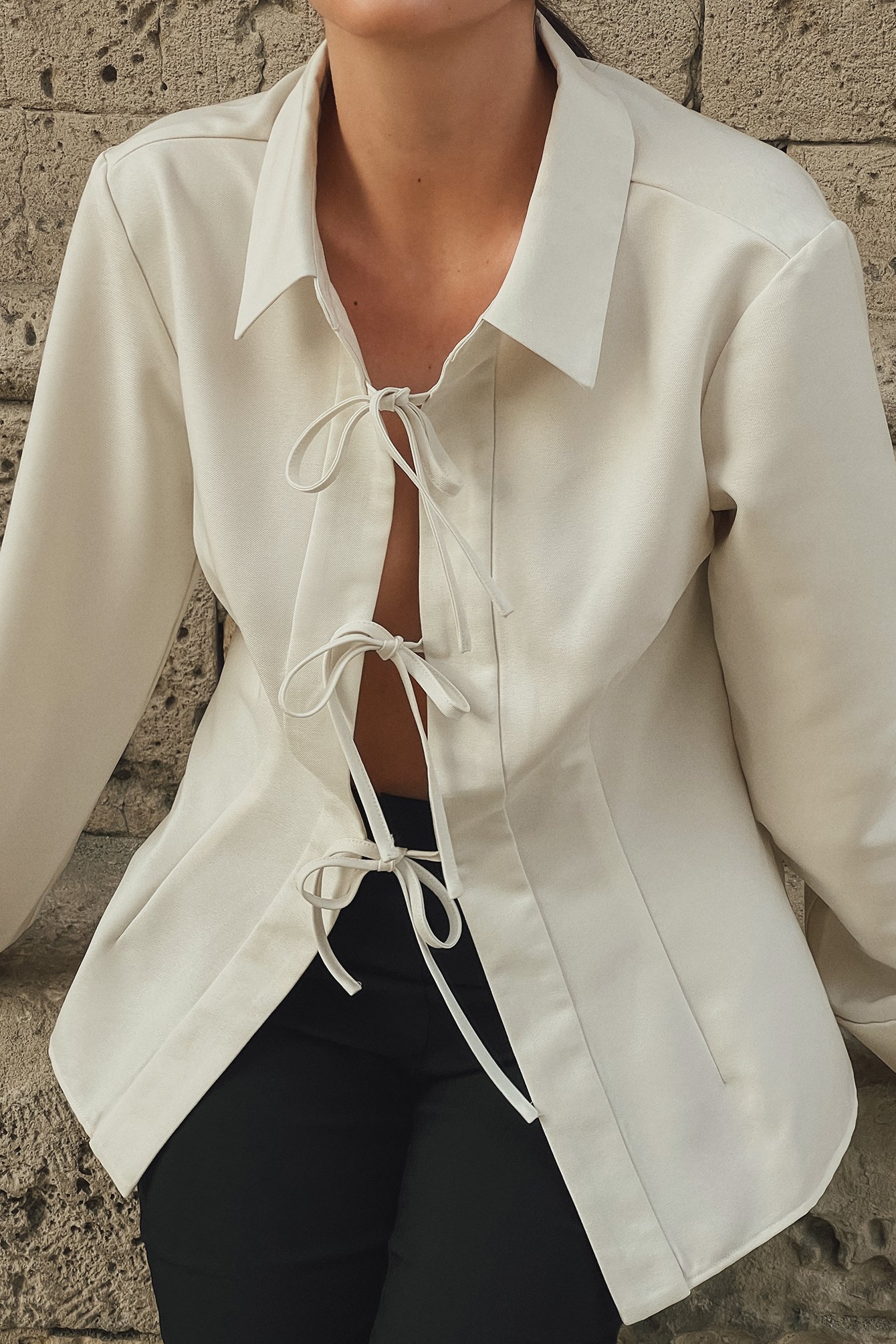 Woven Tie Detail Blouse Offwhite