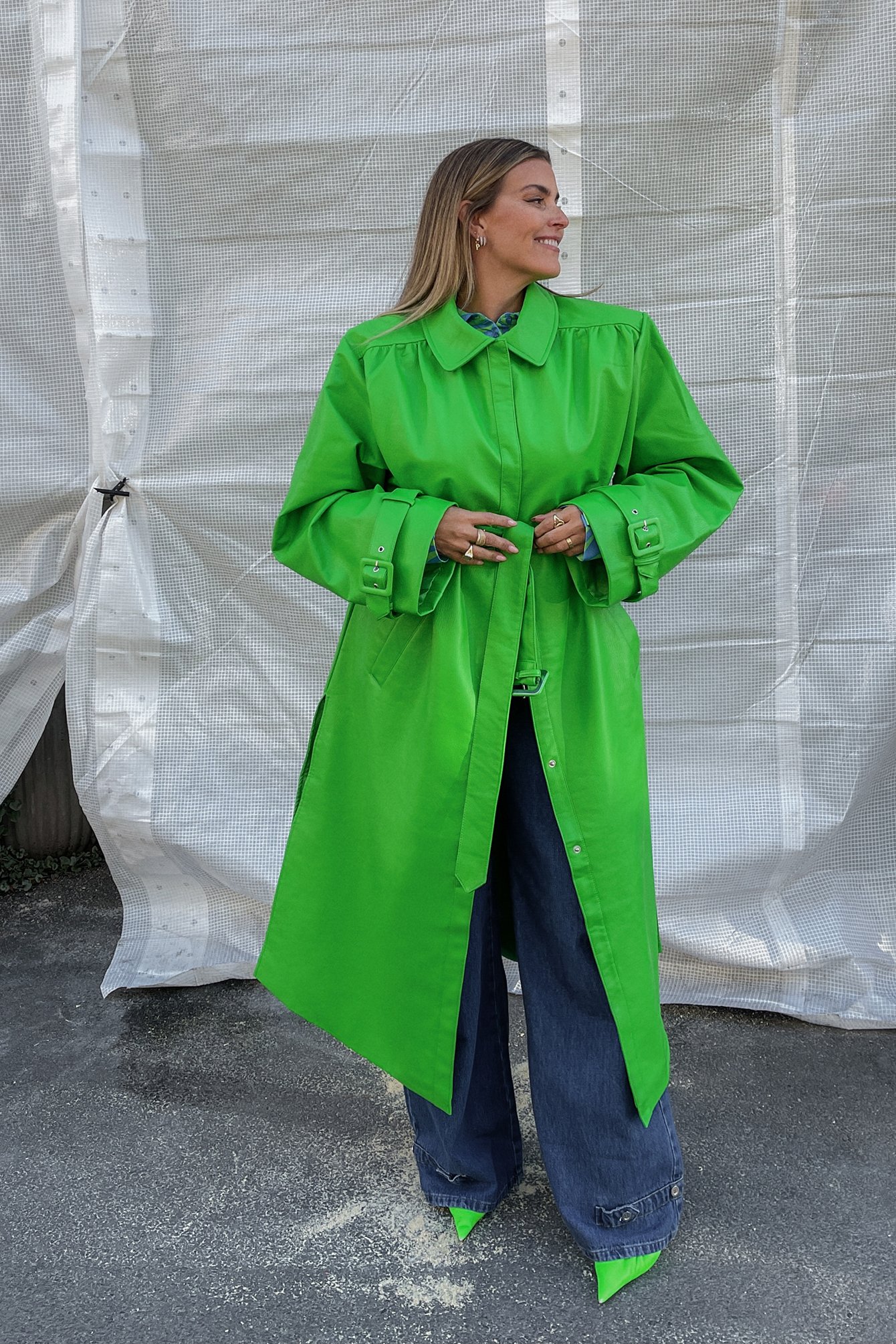 Green Wrinkled Detailed Long PU Trench Coat