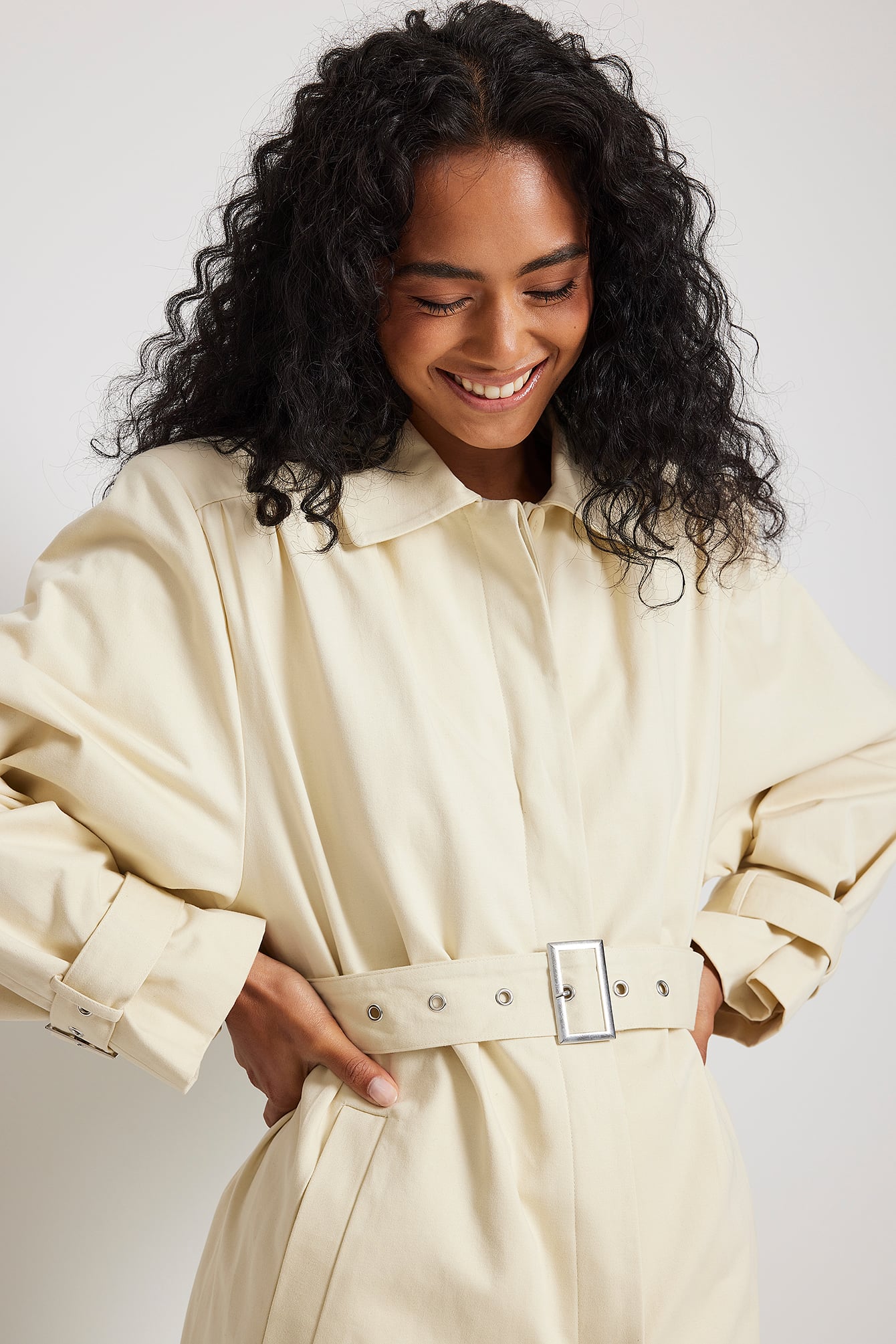 Wrinkled Detailed Long Trench Coat Beige NAKD