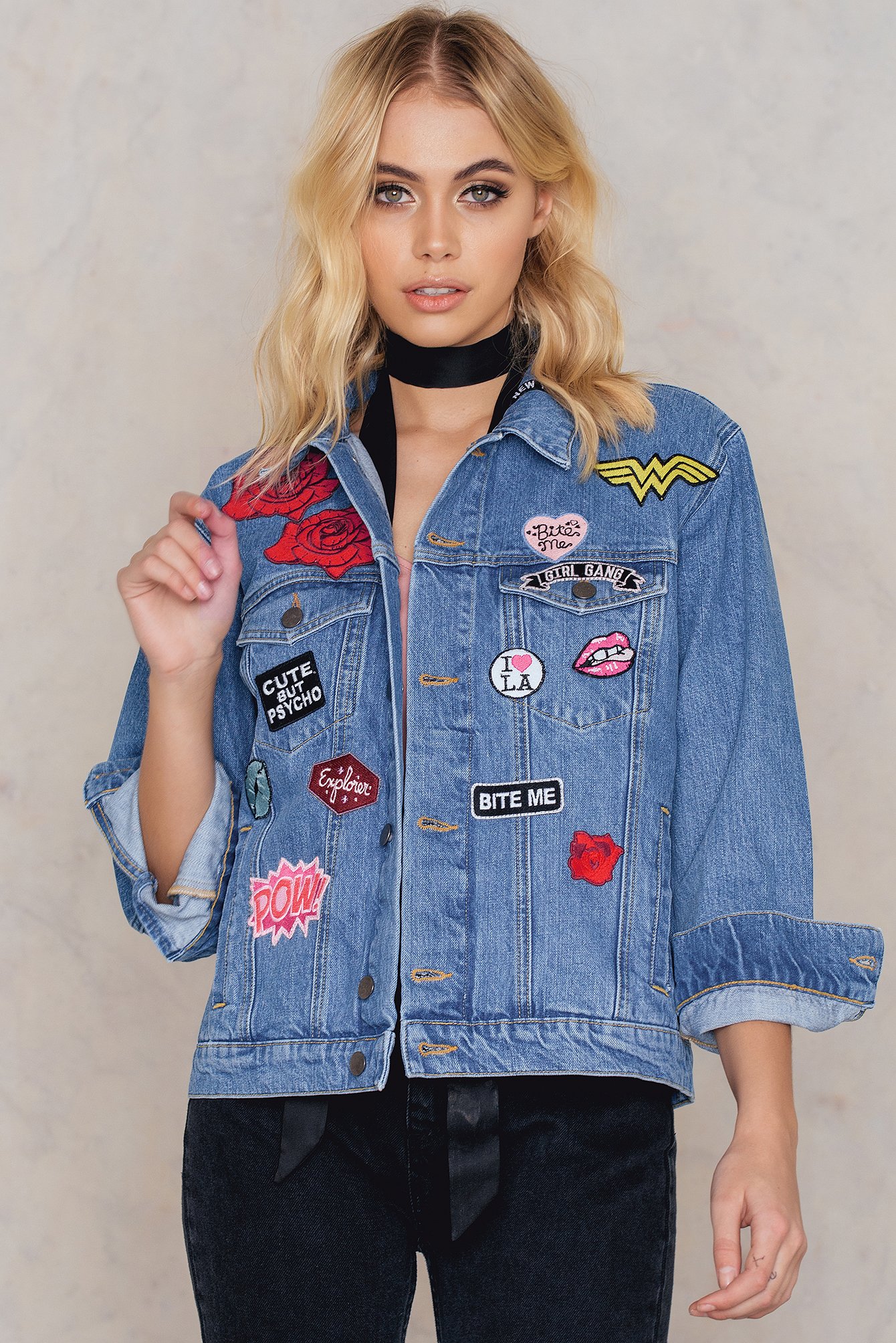Oversized Denim Jacket With Patches Blue