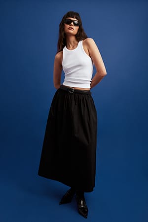 Black Elastic Waist Cotton Midi Skirt