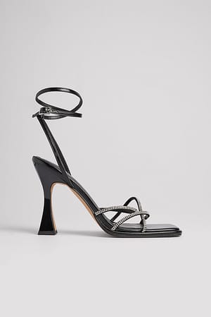 Black/Silver Zapato de tacón con pedrería y punta cuadrada