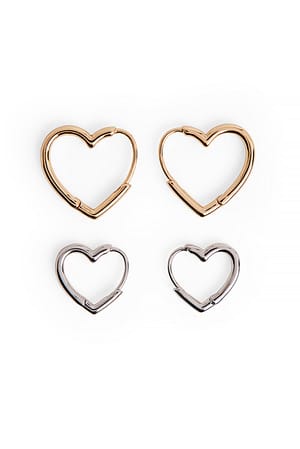 Silver/Gold 2-pak małych okrągłych kolczyków z sercem