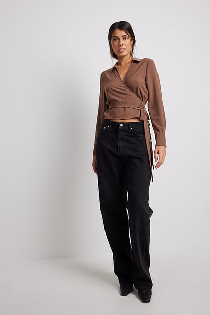 Brown Tie Front Long Sleeve Blouse