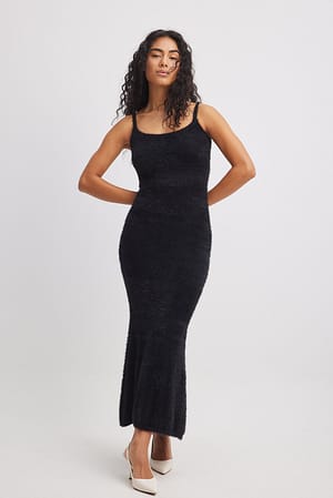 Black A-Line Fuzzy Knit Midi Dress