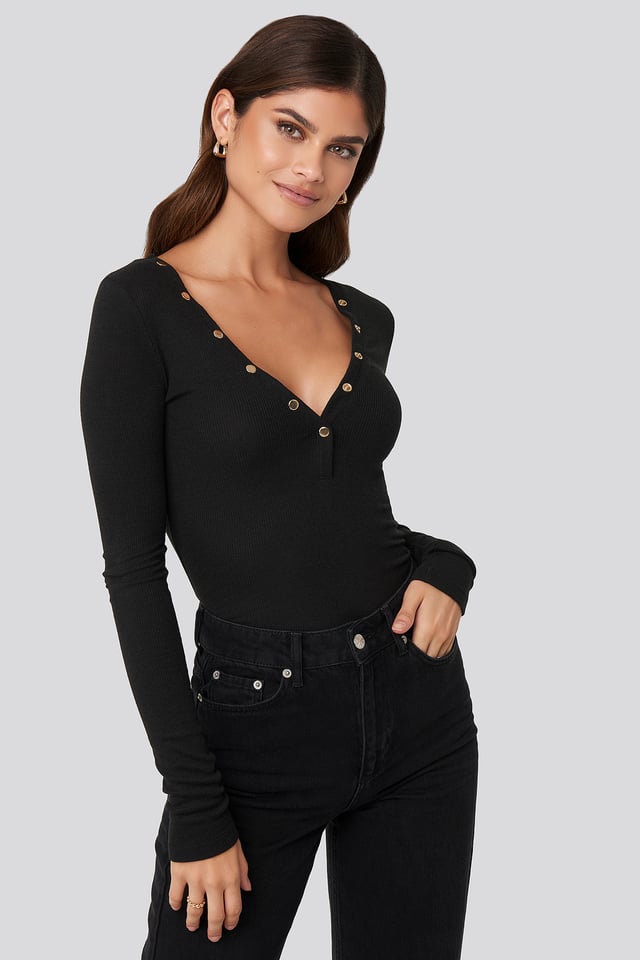 Button Detail Rib Top Black