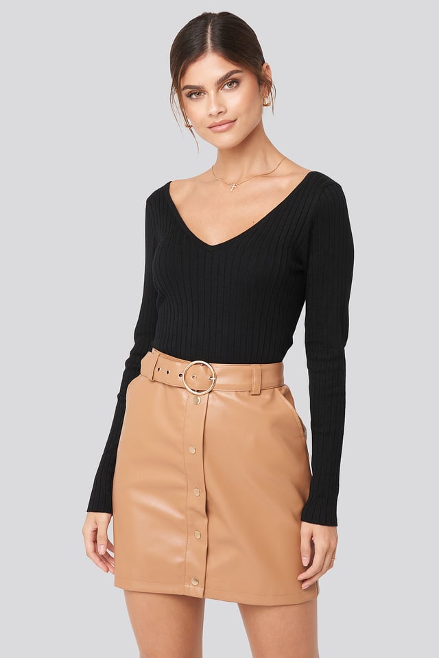 PU Button Detail Skirt Tan