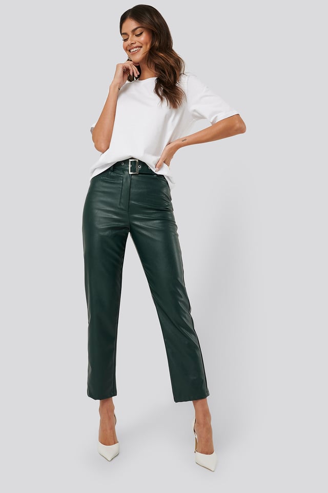 Belted Pu Leather Pants Emerald