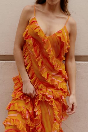 Orange Blurr Print All Over Frills Maxi Dress