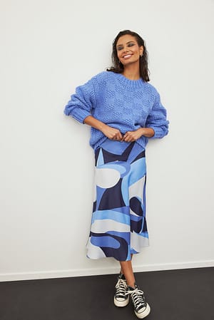 Blue/Print Printed Satin Skirt