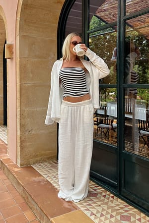 White Structured Flowy Elastic Waist Pants