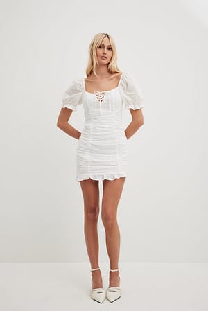 White Anglaise Ruched Front Mini Dress