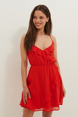 Red Golvende mini-jurk met gekruiste rug
