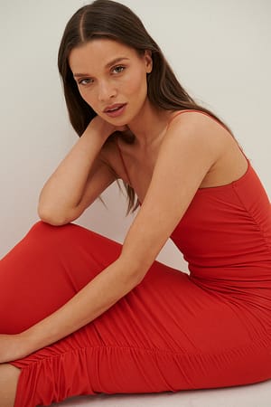 Red Ruched Jersey Strap Dress