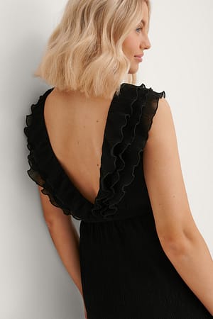 Black V-Neck Flounce Detail Dress
