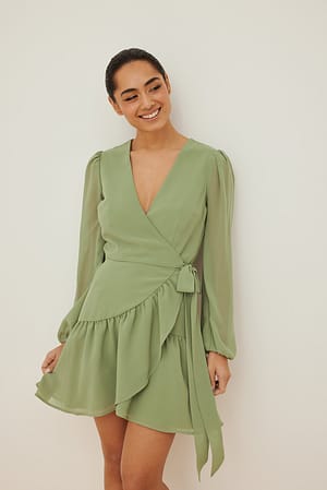 Green Overlap V-Neck Flounce Dress