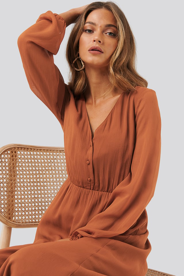 Chiffon Button Detail Dress Bronze