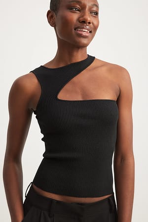 Black Asymetric Cut Out Knitted Top