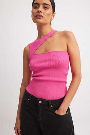 Pink Camiseta de tirantes asimétrica de canalé
