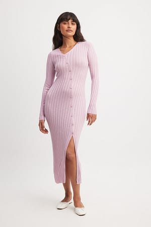 Purple Melange Asymmetric Buttoned Knitted Dress