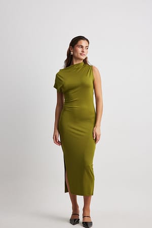 Green Asymetryczna sukienka midi z dżerseju