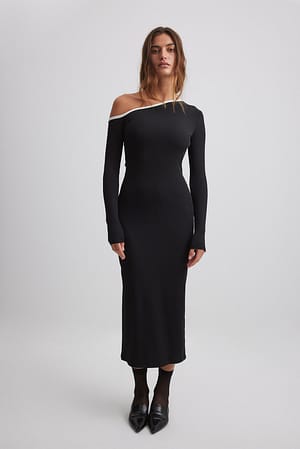 Black/White Asymmetrische geribde midi-jurk