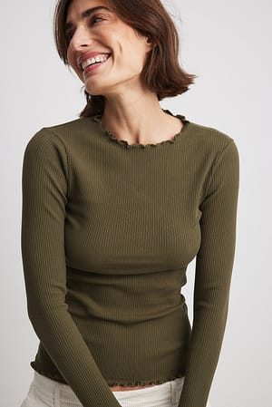 Olive Green Babylock Ribbed Long Sleeve Top